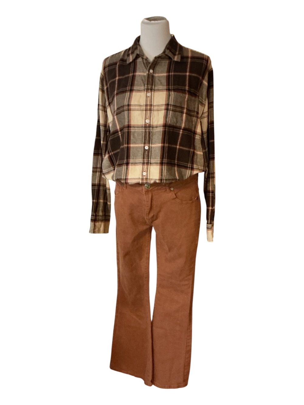 Arizona Jean Company Brown and Cream Plaid Button-Up Shirt